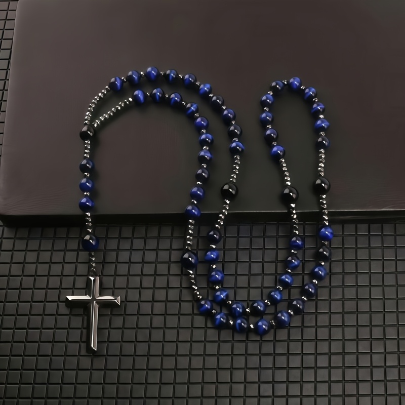 Blue Tiger Eye Cross Pendant Necklace, Unisex